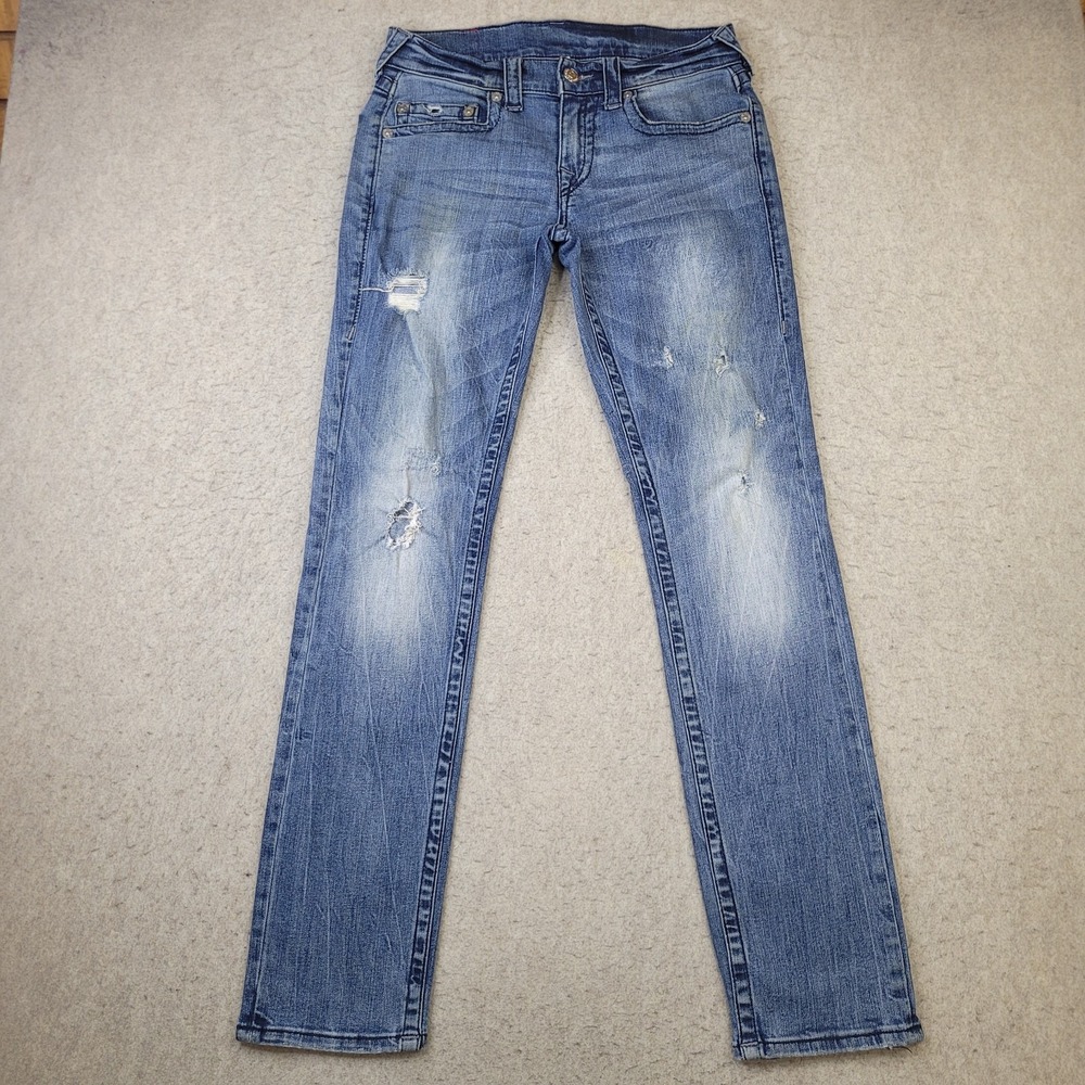 True Religion World Tour Slim Jeans Womens Size 29 Blue Distressed Denim 30x32